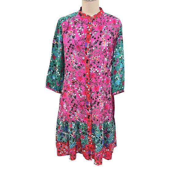 SALONI Tyra Printed Silk Shirt Dress US 4  Meadow Green Pink - Picture 5 of 11